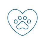 Una semplice sagoma blu a forma di cuore con l'impronta di una zampa al suo interno, che simboleggia l'amore per gli animali o gli animali domestici e rappresenta i servizi veterinari, su sfondo bianco.