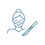 Disegno al tratto di un chirurgo con maschera e berretto, con accanto un bisturi, che rappresenta la chirurgia o i servizi veterinari.