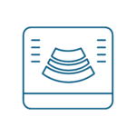 Disegno lineare di un ecografo che visualizza un risultato di scansione stilizzato su uno sfondo semplice, raffigurante servizi veterinari con tre linee curve al centro dello schermo.