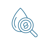 Un semplice disegno a linee blu di una goccia di liquido con una lente di ingrandimento davanti, che mostra una cellula ingrandita all'interno, che rappresenta l'analisi o l'esame di un liquido per servizi veterinari, forse sangue o acqua.