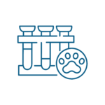 Disegno lineare di tre provette in uno scaffale con accanto l'impronta di una zampa in un cerchio, a simboleggiare i servizi veterinari o i test di laboratorio sugli animali.