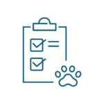 Disegno lineare di una cartellina con due caselle spuntate e l'impronta di una zampa, che suggerisce una lista di controllo o un modulo relativo ai servizi veterinari o alla cura degli animali.