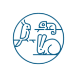 Un semplice disegno al tratto di un uccello, un camaleonte e un coniglio all'interno di un cerchio, con ciascun animale posizionato su una linea orizzontale separata: ideale per il branding di servizi veterinari o per materiale didattico.