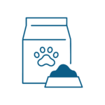 Disegno al tratto blu di un sacchetto di cibo per animali domestici con l'impronta di una zampa, accanto a una ciotola piena di cibo, simbolo di alimentazione di qualità e servizi veterinari, su sfondo bianco.