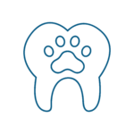 Il profilo blu di un dente con l'impronta di una zampa al centro, che simboleggia i servizi veterinari o la cura dentale degli animali domestici, su sfondo bianco.