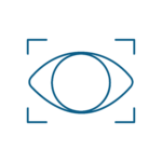 Il profilo blu di un occhio con un cerchio per l'iride, circondato da quattro angoli retti, che ricorda l'icona di un mirino o di una messa a fuoco su uno sfondo chiaro, perfetto per rappresentare servizi veterinari con precisione e attenzione.