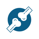 Icona di due ossa stilizzate che formano un'articolazione, raffigurate in bianco con contorni blu, sovrapposte a un solido sfondo circolare blu su una superficie grigio chiaro: un simbolo ideale per i servizi veterinari.