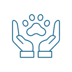 Un semplice disegno al tratto di due mani a coppa intorno all'impronta di una zampa di animale, che simboleggia la protezione, la cura e l'importanza dei servizi veterinari.