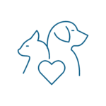 Semplice disegno a linee blu di un gatto e un cane seduti fianco a fianco con una forma di cuore di fronte a loro, su uno sfondo bianco semplice, perfetto per promuovere servizi veterinari o servizi di cura degli animali.