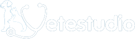 Logo con la sagoma di un cane e di un gatto seduti schiena contro schiena accanto alla parola vetestudio; uno stetoscopio forma la lettera V di vetestudio.