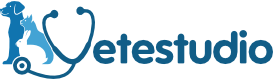 Logo dell'Ambulatorio Veterinario Vetestudio con le sagome di un cane, un gatto e un coniglio che formano la lettera V con uno stetoscopio, a rappresentare i servizi veterinari.