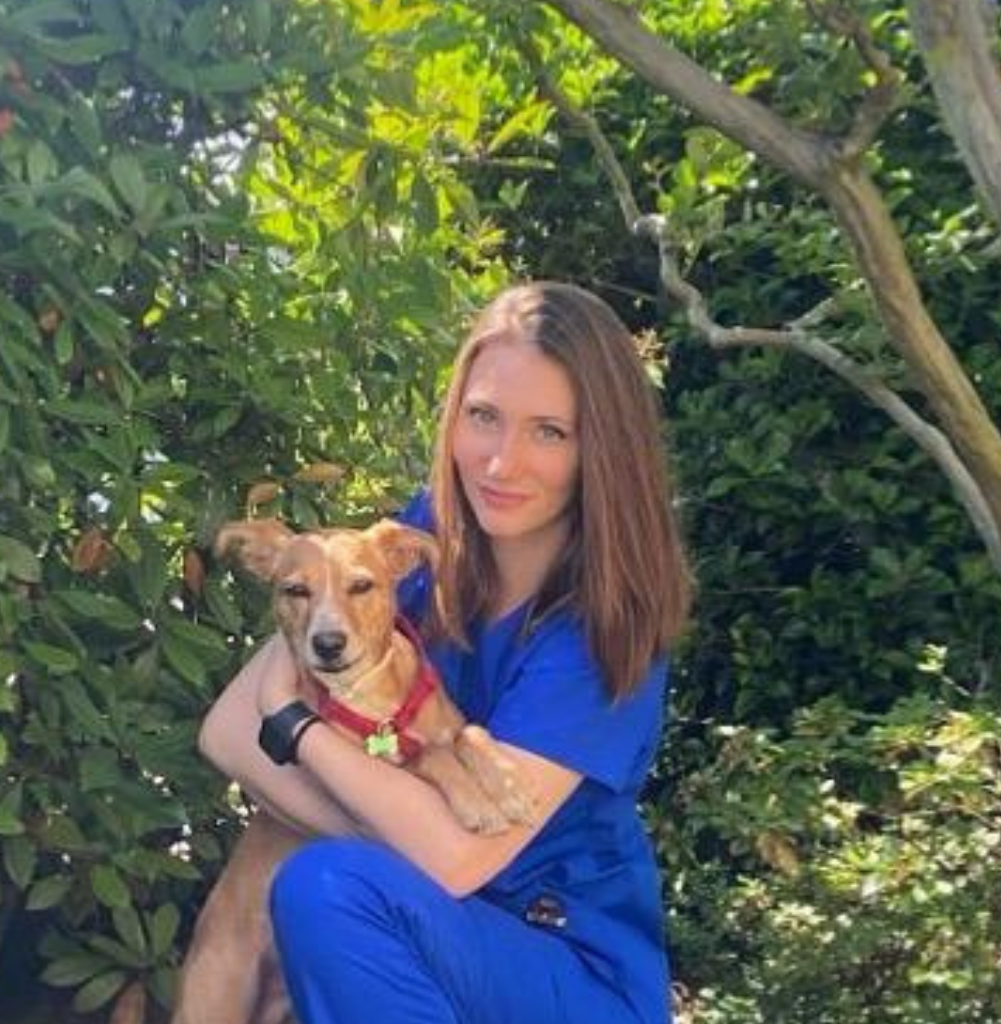 Una donna in camice blu, che fa parte di un'équipe di veterinari di Udine, si inginocchia all'aperto, sorridendo e abbracciando un cane marrone con il collare rosso, circondato da fogliame verde e dalla luce del sole.